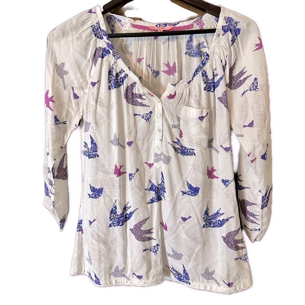 White Stuff Women’s White Birds Typewritters Boho Lightweight Button Tunic Sz 8